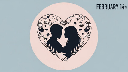 Black silhouette of a couple embracing in a heart shape with hands and birds on valentine's day