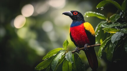 Obraz premium A vibrant bird with colorful plumage perches gracefully on a branch, surrounded by lush green foliage and glistening water droplets, showcasing the beauty of nature