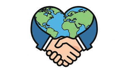 Earth in heart shape with hands shaking in business handshake global partnership