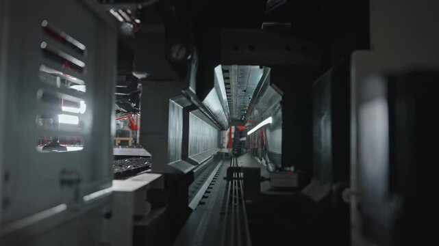 Futuristic Factory Environment, Indoor Automated Corridor Featuring Illuminated Vents And Reflective Surfaces