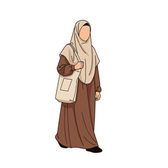 Muslim Woman Wearing Hijab and Abaya Carrying a Tote Bag.