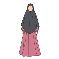 Muslim woman in traditional hijab and long dress standing gracefully.