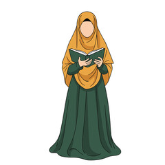 Muslim woman in hijab reading a book with concentration.