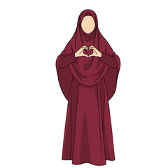 Muslim woman in hijab making heart gesture with hands.