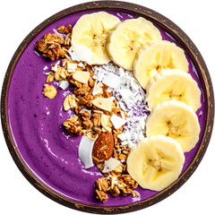 Acai smoothie bowl with granola and fruits isolated on white