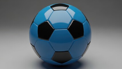 Naklejka premium Striking blue soccer ball with black hexagons on a neutral gray background