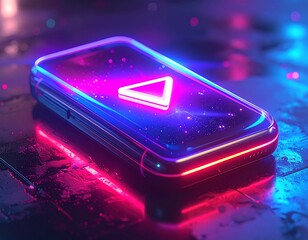 Futuristic phone illuminated with neon, featuring a play button