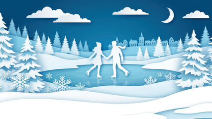 Couple silhouette papercut art winter landscape ice skating romantic night scene under moon and cloud with town and tree background