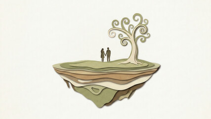 Couple silhouette papercut art with romantic tree floating island landscape, minimal layered paper design with dreamy feeling and soft calm color