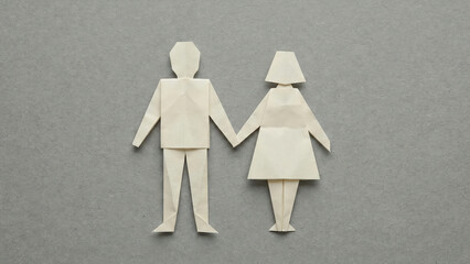 Couple silhouette papercut art minimal paper figure man woman holding hand romance grey background love concept