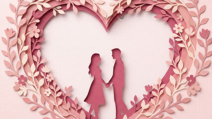 Couple silhouette papercut art romantic heart frame tender love scene floral border