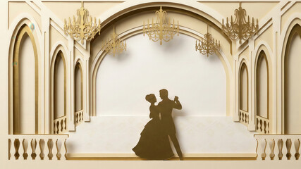 Couple silhouette papercut art romantic dance ballroom elegant chandelier luxury interior