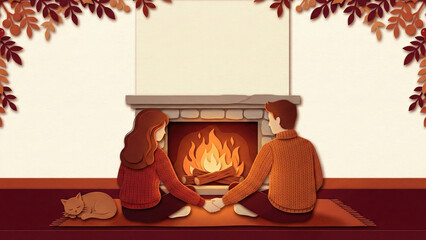 Couple silhouette papercut art autumn fireplace cozy warm sweater home love cat