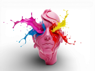 A pink human head with colorful paint splashes on transparent background