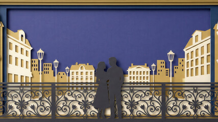 Couple silhouette papercut art romantic city balcony night sky elegant urban scene warm light serene mood