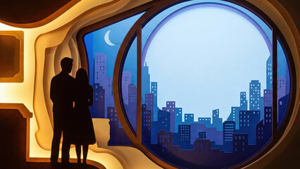 Couple silhouette papercut art romantic city night window view modern dreamy