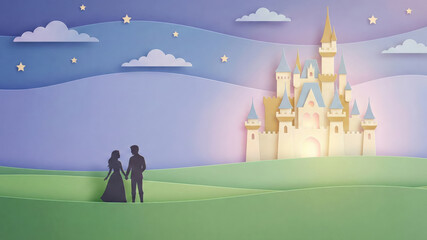 Couple silhouette papercut art romantic fairytale castle under starry sky dreamy landscape fantasy love scene night horizon glow