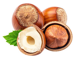 Close-up of hazelnuts, some whole, one halved, with a green leaf