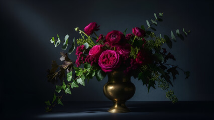 Vibrant pink roses bouquet in gold vase with greenery on dark background
