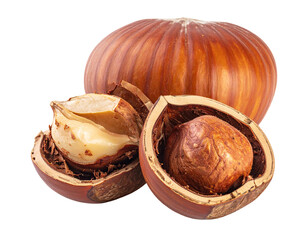 Hazelnut arrangement with a whole nut, shells, and a shelled nut