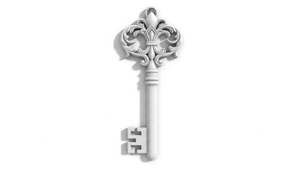 Ornate antique white key with fleur de lis design against a stark white background