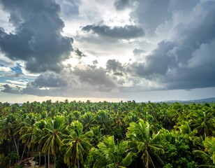 Lush green palm trees under a dramatic, cloudy sky with sun peeking through