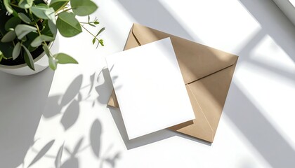 A minimalist blank greeting card lies on a white desk, casting shadows from sunlight filtering through blinds