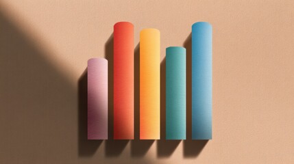 Fototapeta premium Colorful cylindrical shapes arranged on a textured background, showcasing a gradient of hues and shadows for modern design concepts and creativity