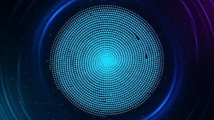 Abstract digital fingerprint spiral pattern with glowing blue dots on a dark background with futuristic light streaks and particles.