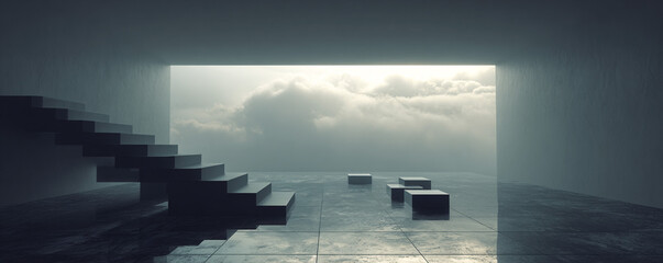 Atmospheric fog-filled minimalist interior with layered depth perception 32k ultra HD