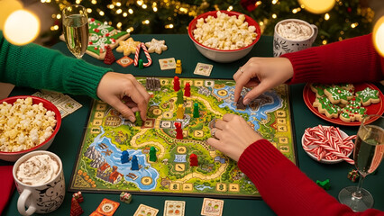 People playing a board game on Christmas with snacks and drinks