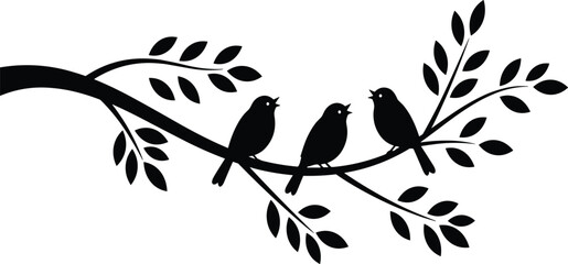 Bird silhouette on branch, three perched birds, nature vector, wildlife illustration, singing bird, decorative art, black design, tranquil scene, leaves detail