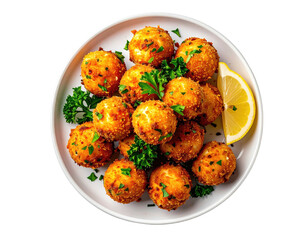 Golden fried, round food served on a plate with greens and a lemon wedge