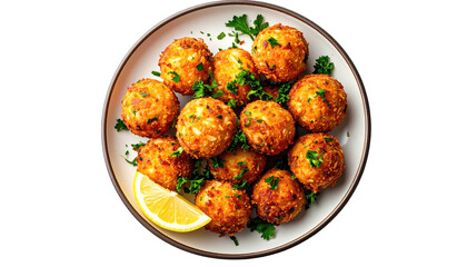 Round, golden fried food on a white plate with parsley and lemon