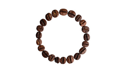 A circle of roasted coffee beans against a stark black background