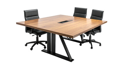 Square wooden conference table with leather chairs on black supports