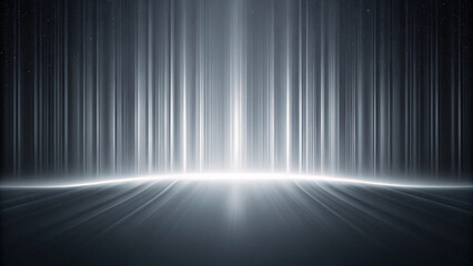Fototapeta premium An intense, dramatic monochrome scene with powerful white light beams radiating from the horizon across a reflective floor.