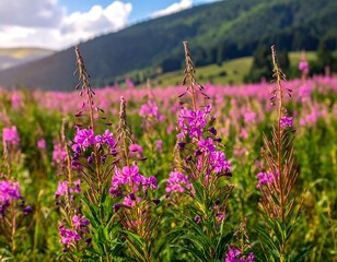 Lush field of vibrant pink wildflowers with mountain backdrop