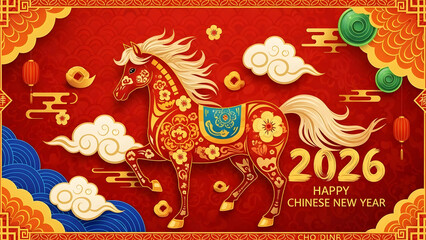 Decorative Chinese New Year 2026 Horse with Floral Patterns and Clouds on Red Background