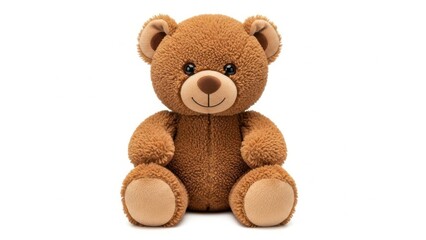 Obraz premium A fluffy brown teddy bear sits facing forward against a white background