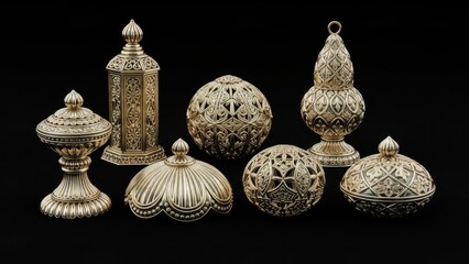 Collection of ornate antique silver decorative objects with intricate filigree designs