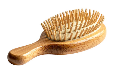 Close-up of a wooden hairbrush with wooden bristles on black