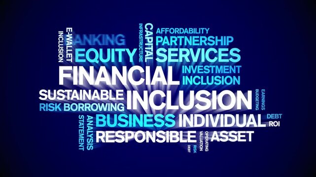Financial inclusion animated word cloud-text design animation tag kinetic typography seamless loop.