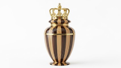 Elegant tall urn with golden crown finial and striped metallic finish