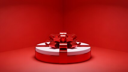 Red gift box on a white and red circular platform with a red background