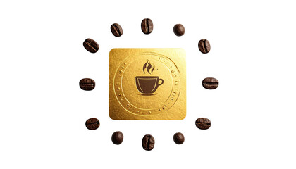 Golden square with coffee cup and beans in a circular pattern