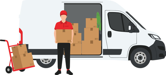 Delivery man with cardboard box, courier service illustration, cargo van logistics, package shipping, moving boxes, express transport, warehouse distribution, cartoon design © Asif's Creatives