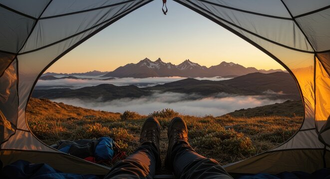 Mountain Sunrise View from Tent: Serene Camping Adventure with Misty Landscape.