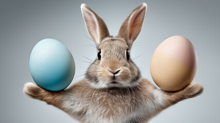 A realistic rabbit stands tall, holding a blue and a brown Easter egg with balanced grace Generative AI