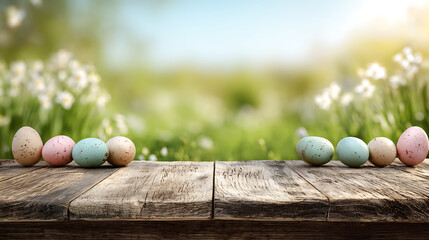 Assorted Easter eggs on a wooden table in a bright spring setting